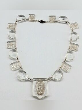 RARE Vintage Art Deco Etched Faceted Carved Czech Glass Crystal Bib Necklace